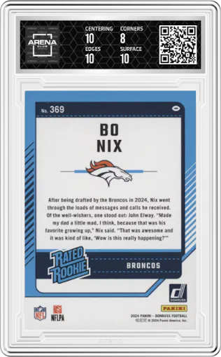 Bo Nix from the 2024 Donruss set featuring a Press Proof Purple parallel graded by Arena Club and given an overall grade of 8.5.