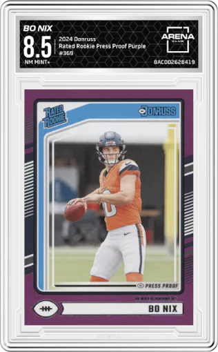 Bo Nix from the 2024 Donruss set featuring a Press Proof Purple parallel graded by Arena Club and given an overall grade of 8.5.