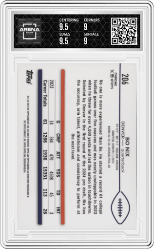 Bo Nix from the 2024 Topps Chrome set featuring a Pink Refractor parallel graded by Arena Club and given an overall grade of 9.5.