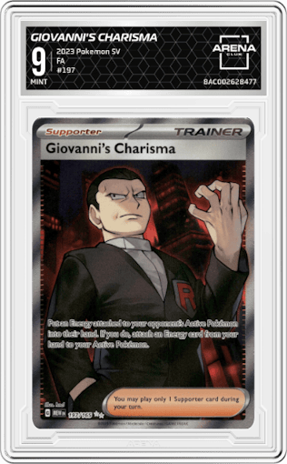 Giovanni's Charisma from the 2023 Pokemon SV set graded by Arena Club and given an overall grade of 9.