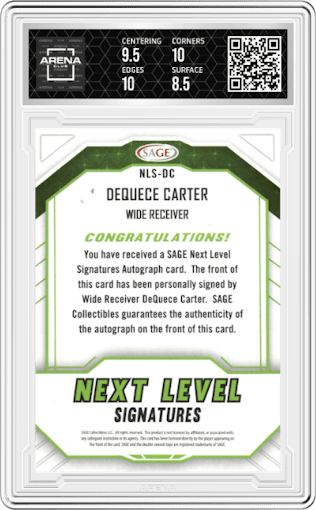 Dequece Carter from the 2024 SAGE Hit set featuring a Green parallel graded by Arena Club and given an overall grade of 9.