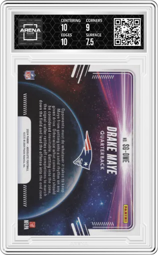 Drake Maye from the 2024 Panini Absolute set graded by Arena Club and given an overall grade of 8.