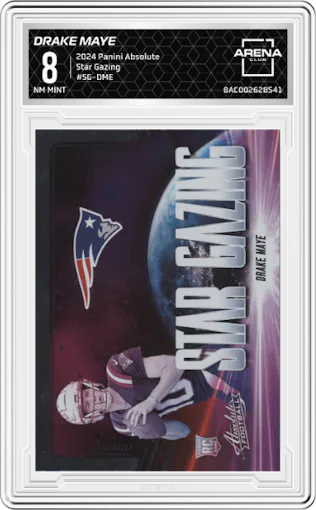 Drake Maye from the 2024 Panini Absolute set graded by Arena Club and given an overall grade of 8.
