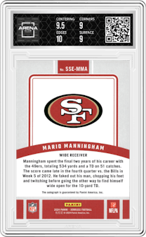 Mario Manningham  from the 2024 Donruss set graded by Arena Club and given an overall grade of 9.5.