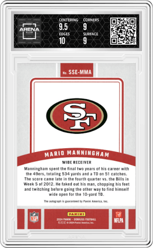 Mario Manningham  from the 2024 Donruss set graded by Arena Club and given an overall grade of 9.5.
