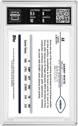 Danny White from the 2024 Topps Chrome set featuring a Yellow Refractor parallel graded by Arena Club and given an overall grade of 8.5.