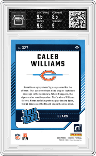 Caleb Williams from the 2024 Donruss set featuring a Press Proof Blue parallel graded by Arena Club and given an overall grade of 9.