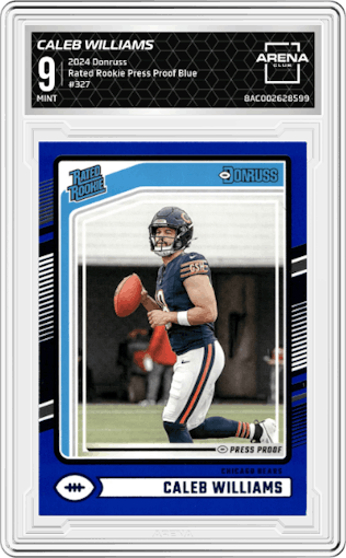 Caleb Williams from the 2024 Donruss set featuring a Press Proof Blue parallel graded by Arena Club and given an overall grade of 9.