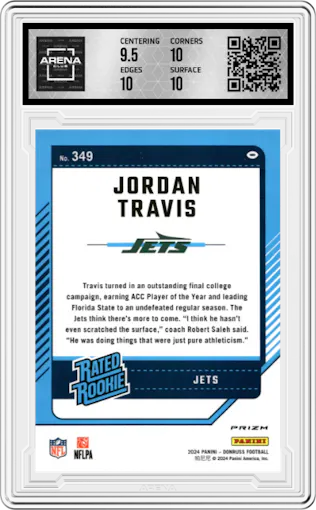 Jordan Travis from the 2024 Donruss set featuring a Red Wave parallel graded by Arena Club and given an overall grade of 10.