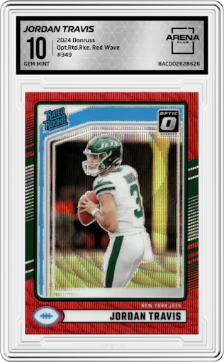 Jordan Travis from the 2024 Donruss set featuring a Red Wave parallel graded by Arena Club and given an overall grade of 10.