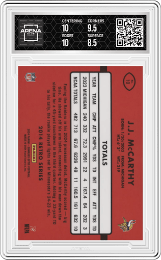 J.J. McCarthy from the 2024 Donruss Optic set graded by Arena Club and given an overall grade of 9.