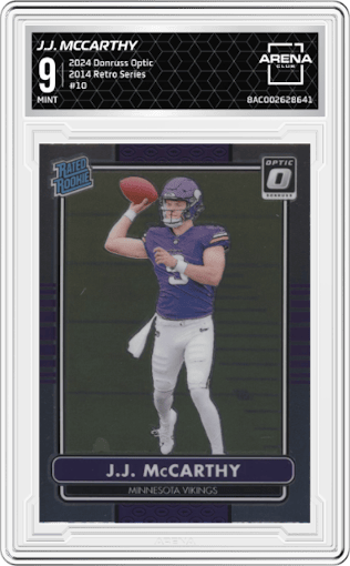 J.J. McCarthy from the 2024 Donruss Optic set graded by Arena Club and given an overall grade of 9.