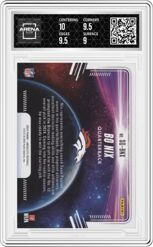 Bo Nix from the 2024 Panini Absolute set graded by Arena Club and given an overall grade of 9.5.