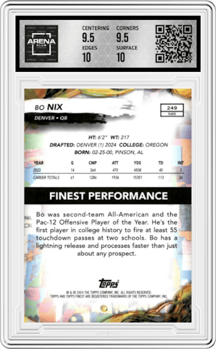 Bo Nix from the 2024 Finest set graded by Arena Club and given an overall grade of 10.