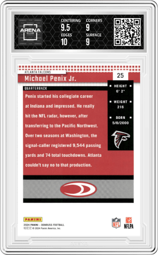 Michael Penix Jr. from the 2024 Donruss set graded by Arena Club and given an overall grade of 9.5.