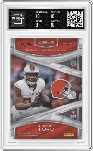 Jerome Ford from the 2024 Panini Spectra set featuring a Neon Green parallel graded by Arena Club and given an overall grade of 9.5.