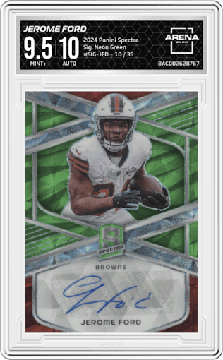 Jerome Ford from the 2024 Panini Spectra set featuring a Neon Green parallel graded by Arena Club and given an overall grade of 9.5.