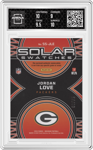 Jordan Love from the 2024 Panini Obsidian set featuring a Red parallel graded by Arena Club and given an overall grade of 9.5.