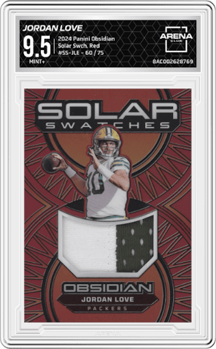 Jordan Love from the 2024 Panini Obsidian set featuring a Red parallel graded by Arena Club and given an overall grade of 9.5.