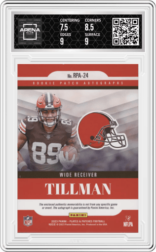 Cedric Tillman from the 2023 Panini Plates & Patches set graded by Arena Club and given an overall grade of 8.