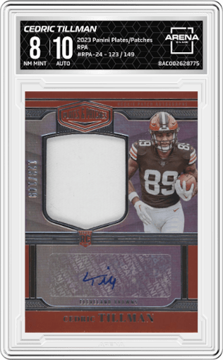 Cedric Tillman from the 2023 Panini Plates & Patches set graded by Arena Club and given an overall grade of 8.