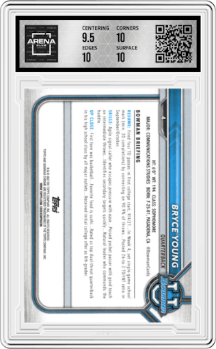 Bryce Young from the 2021-22 Bowman University set featuring a Yellow Refractor  parallel graded by Arena Club and given an overall grade of 10.