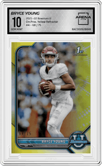 Bryce Young from the 2021-22 Bowman University set featuring a Yellow Refractor  parallel graded by Arena Club and given an overall grade of 10.