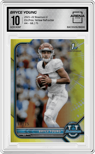 Bryce Young from the 2021-22 Bowman University set featuring a Yellow Refractor  parallel graded by Arena Club and given an overall grade of 10.