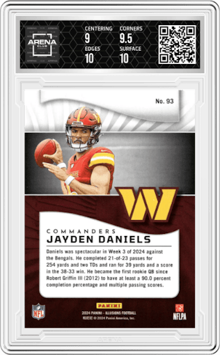 Jayden Daniels from the 2024 Panini Illusions set featuring a Retail parallel graded by Arena Club and given an overall grade of 9.5.