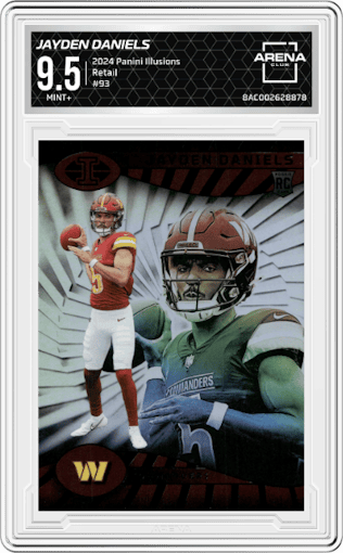 Jayden Daniels from the 2024 Panini Illusions set featuring a Retail parallel graded by Arena Club and given an overall grade of 9.5.
