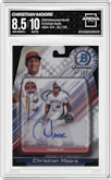 Christian Moore from the 2024 Bowman Draft set graded by Arena Club and given an overall grade of 8.5.