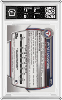Wyatt Langford from the 2023 Bowman Draft set graded by Arena Club and given an overall grade of 9.5.