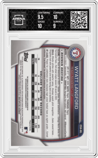 Wyatt Langford from the 2023 Bowman Draft set graded by Arena Club and given an overall grade of 9.5.