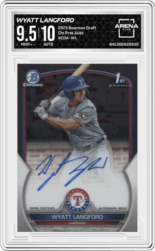 Wyatt Langford from the 2023 Bowman Draft set graded by Arena Club and given an overall grade of 9.5.