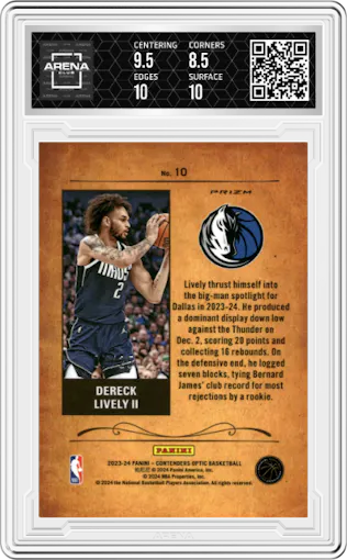 Dereck Lively II from the 2023-24 Panini Contenders Optic set featuring a Green Pulsar parallel graded by Arena Club and given an overall grade of 9.