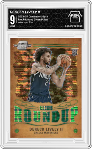 Dereck Lively II from the 2023-24 Panini Contenders Optic set featuring a Green Pulsar parallel graded by Arena Club and given an overall grade of 9.