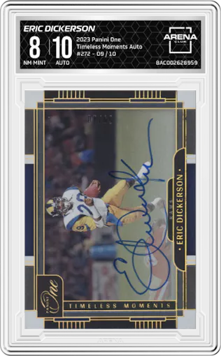 Eric Dickerson from the 2023 Panini One set graded by Arena Club and given an overall grade of 8.