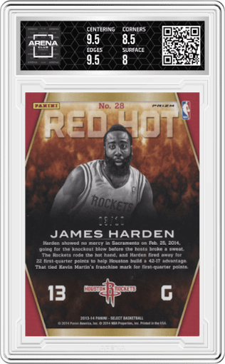 James Harden from the 2013-14 Panini Select set featuring a Gold Prizm parallel graded by Arena Club and given an overall grade of 8.5.