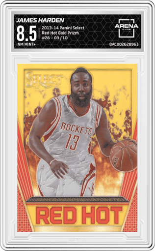James Harden from the 2013-14 Panini Select set featuring a Gold Prizm parallel graded by Arena Club and given an overall grade of 8.5.