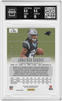 Jonathon Brooks from the 2024 Panini Prizm Deca set featuring a Gold  parallel graded by Arena Club and given an overall grade of 9.