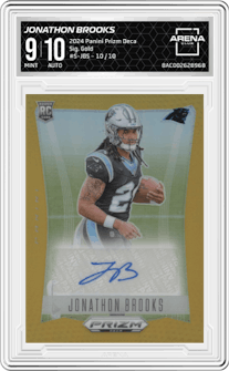 Jonathon Brooks from the 2024 Panini Prizm Deca set featuring a Gold  parallel graded by Arena Club and given an overall grade of 9.