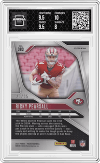 Ricky Pearsall from the 2024 Panini Prizm set featuring a White Prizm parallel graded by Arena Club and given an overall grade of 8.5.