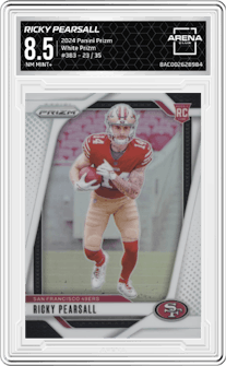 Ricky Pearsall from the 2024 Panini Prizm set featuring a White Prizm parallel graded by Arena Club and given an overall grade of 8.5.