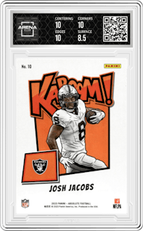 Josh Jacobs from the 2023 Panini Absolute set and given an overall grade of 9.