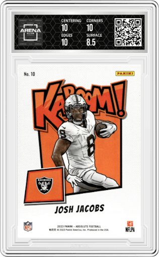 Josh Jacobs from the 2023 Panini Absolute set graded by Arena Club and given an overall grade of 9.