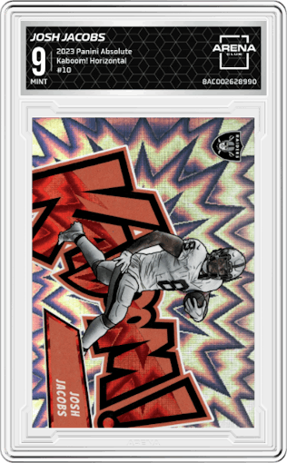Josh Jacobs from the 2023 Panini Absolute set graded by Arena Club and given an overall grade of 9.