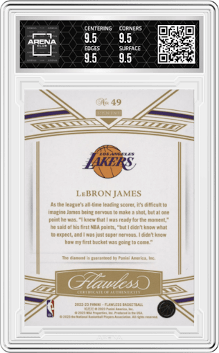 LeBron James from the 2022-23 Panini Flawless set graded by Arena Club and given an overall grade of 9.5.