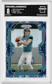 Trevor Lawrence from the 2021 Panini Prizm set featuring a Navy Camo  parallel graded by Arena Club and given an overall grade of 8.