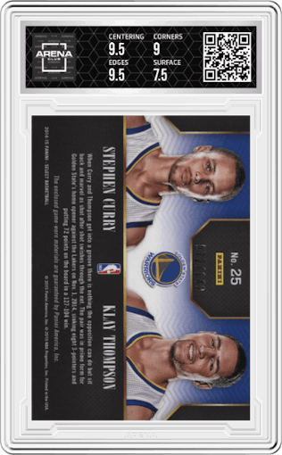 Stephen Curry/Klay Thompson from the 2014-15 Panini Select set graded by Arena Club and given an overall grade of 8.