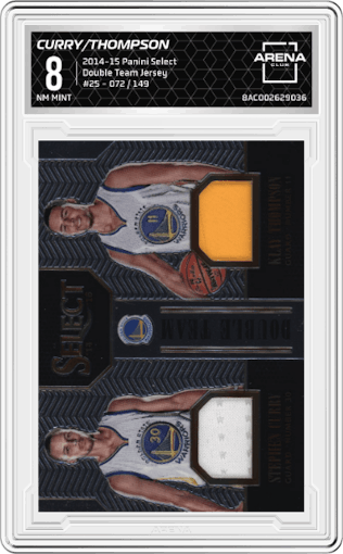 Stephen Curry/Klay Thompson from the 2014-15 Panini Select set graded by Arena Club and given an overall grade of 8.